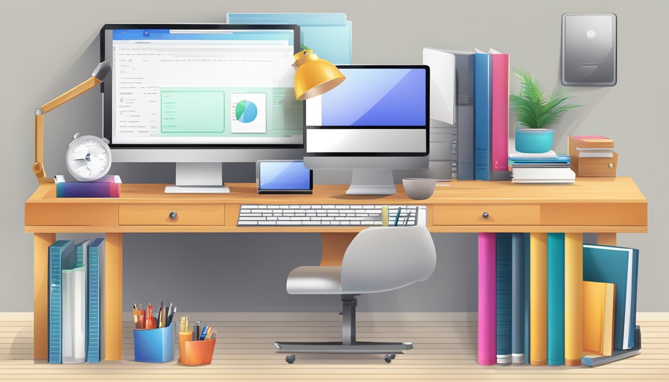 Et skrivebord med en datamaskin, kodingsbøker og designverktøy for webutvikling