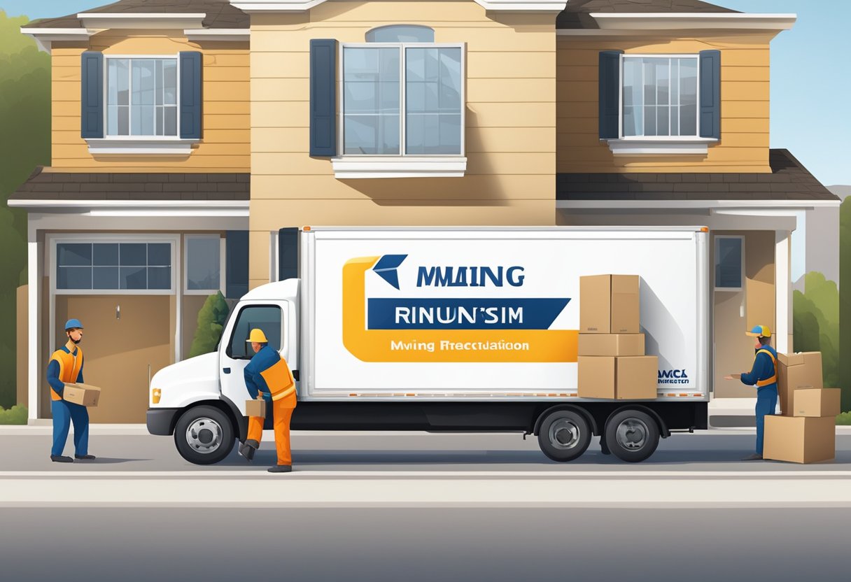 A moving truck parked in front of a house, with workers unloading boxes and furniture. A sign with the company's logo and contact information is prominently displayed on the truck