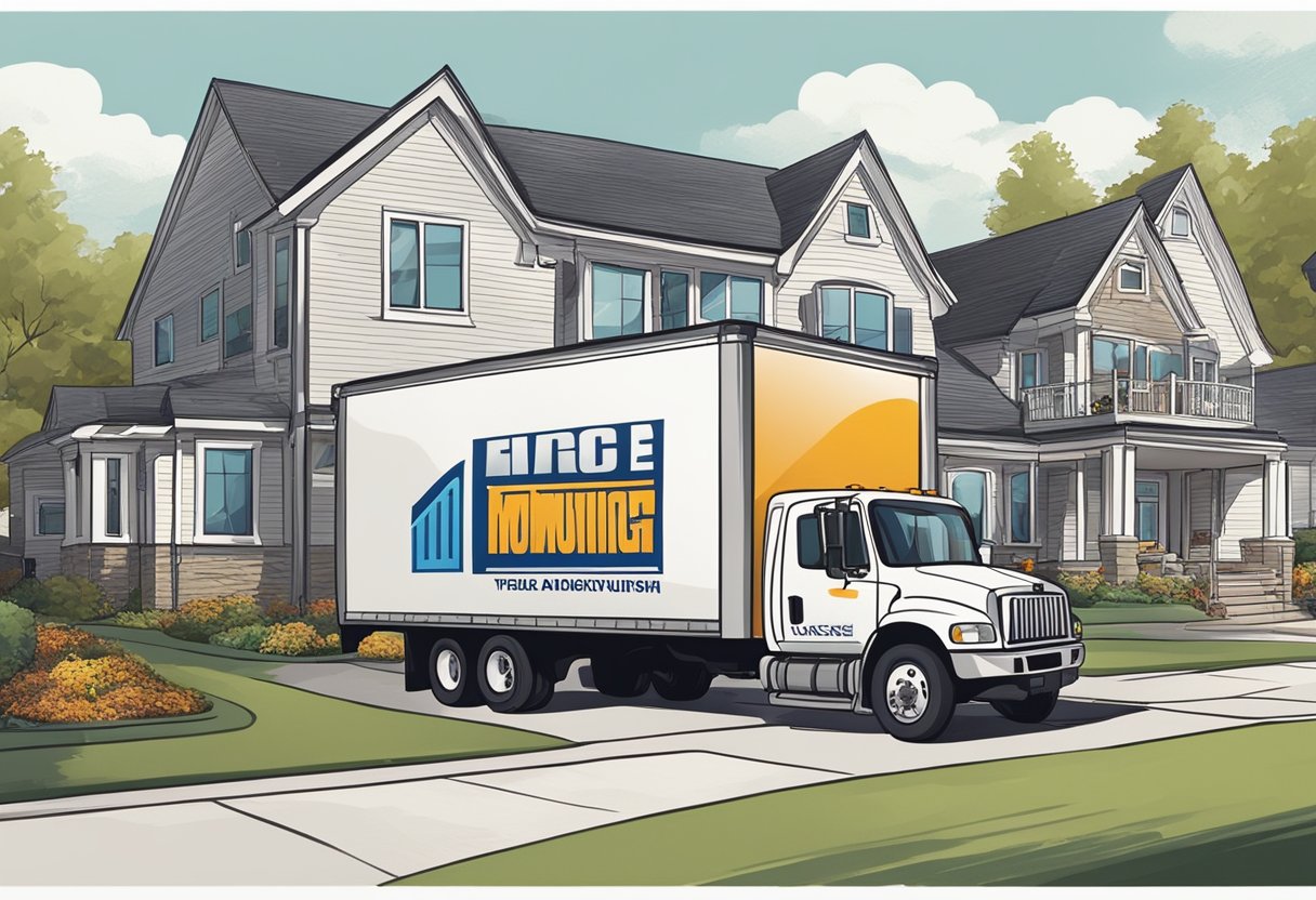 A moving truck parked in front of a house, with workers unloading furniture and boxes. The company logo is prominently displayed on the side of the truck