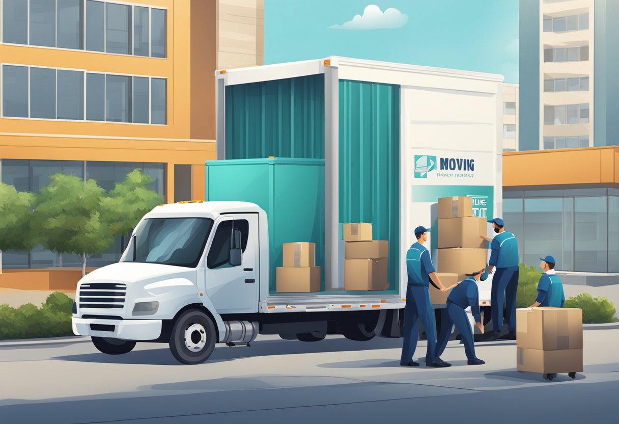 A moving truck parked in front of a well-maintained office building, with employees wearing uniforms and loading boxes into the truck