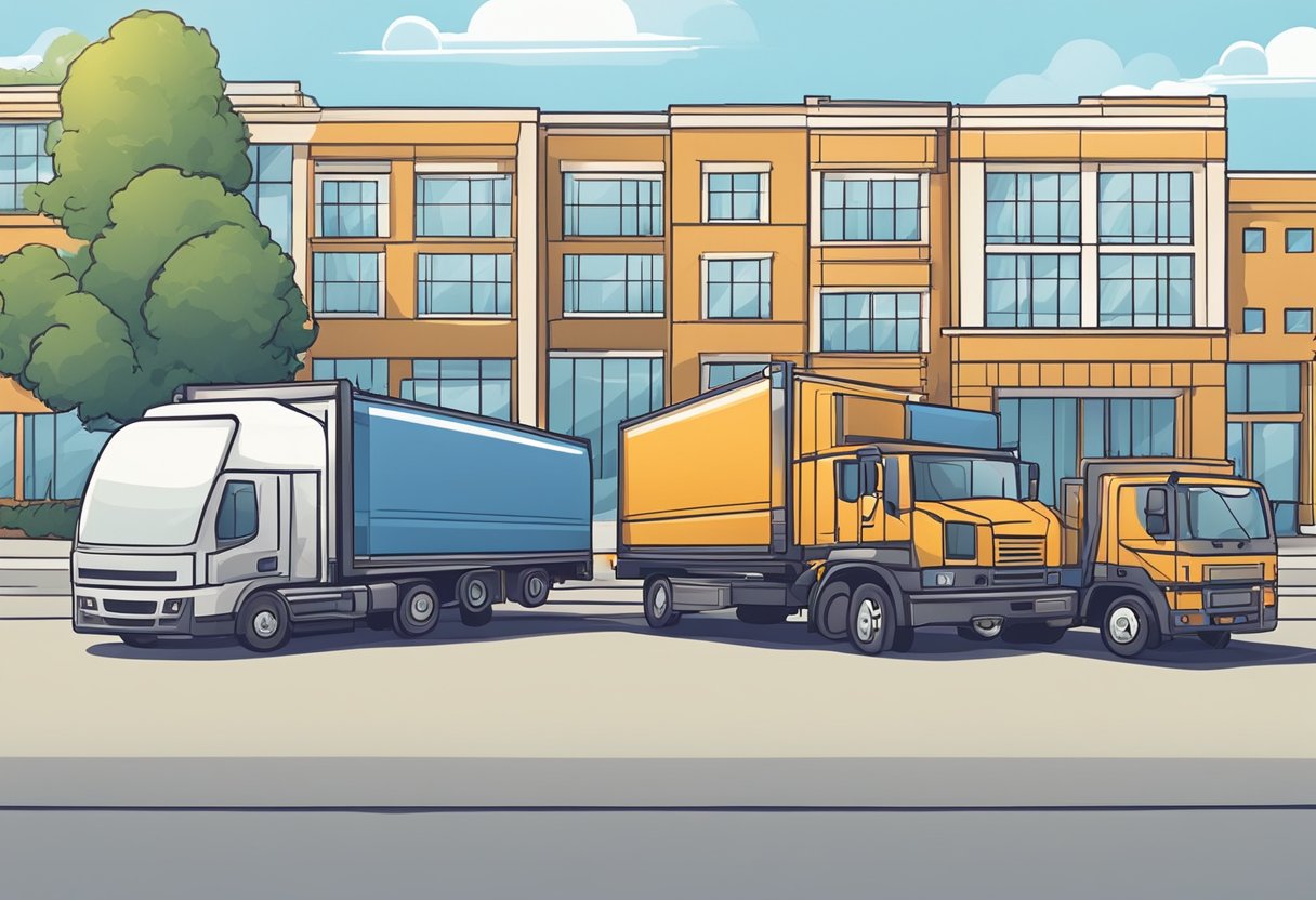 A team of movers carefully loads furniture and equipment onto a large truck outside a commercial building. The movers work efficiently, considering factors such as size, weight, and fragility of the items