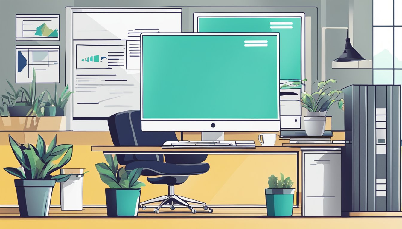 Et moderne kontormiljø med en datamaskin som viser en Wix-nettside for forretningsløsninger