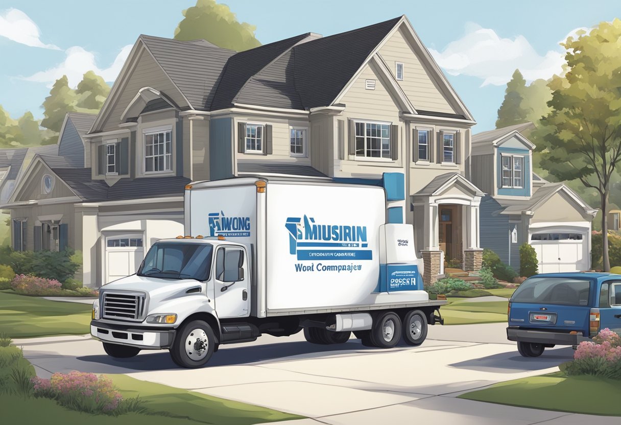 A moving truck parked in front of a suburban home, with workers loading boxes and furniture. A sign on the truck displays the company's logo and contact information