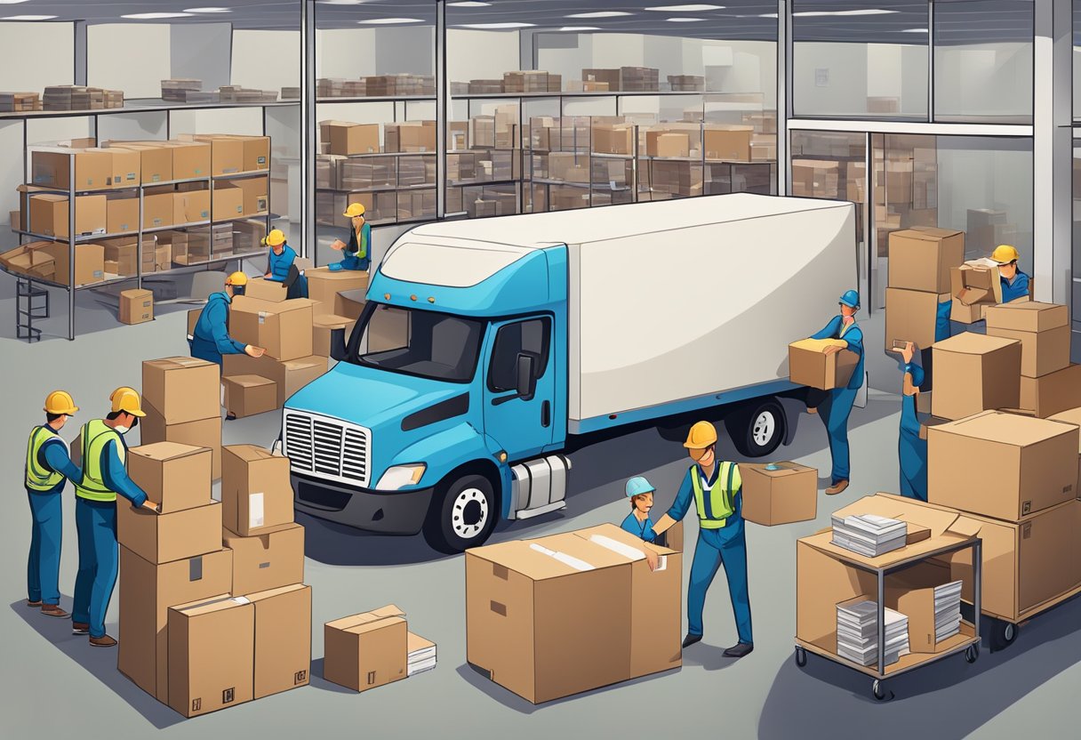 A bustling office with boxes being loaded onto a moving truck, workers organizing and packing items, and a manager overseeing the process