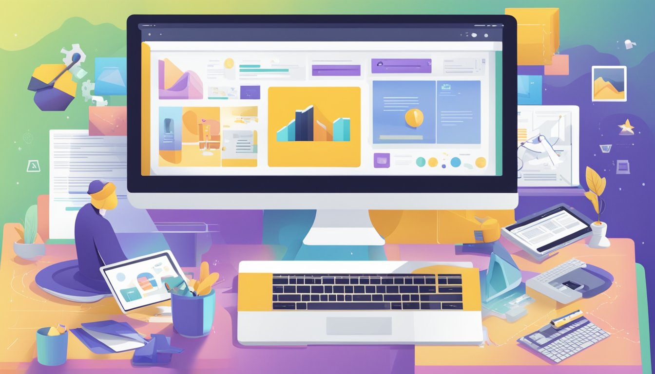 En person som bygger en Wix-nettside på en datamaskin, omgitt av designelementer og nettsidemaler