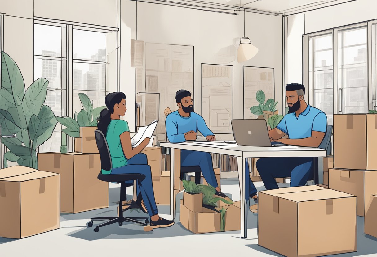 A team of movers strategizing in an office, surrounded by boxes, furniture, and floor plans. They discuss logistics, timelines, and equipment needed for a successful commercial move