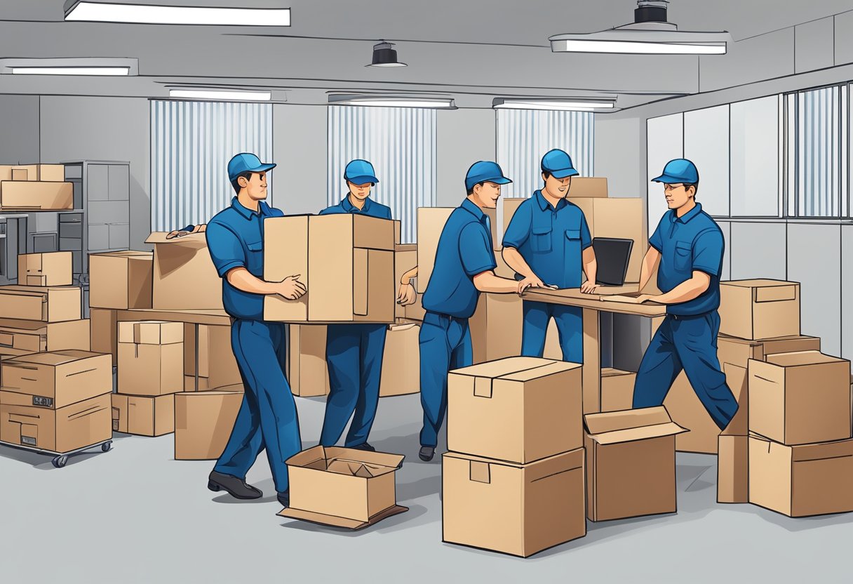 A team of experienced commercial movers efficiently relocating office furniture and equipment into a new space, showcasing their expertise and professionalism