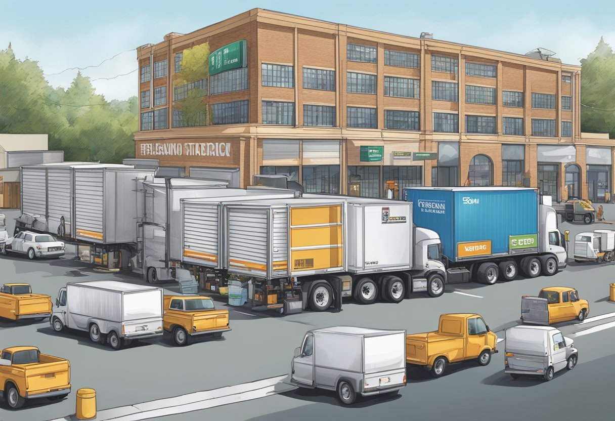 A busy Atlanta street with a row of business storage facilities, each with large signage and various trucks and moving equipment outside