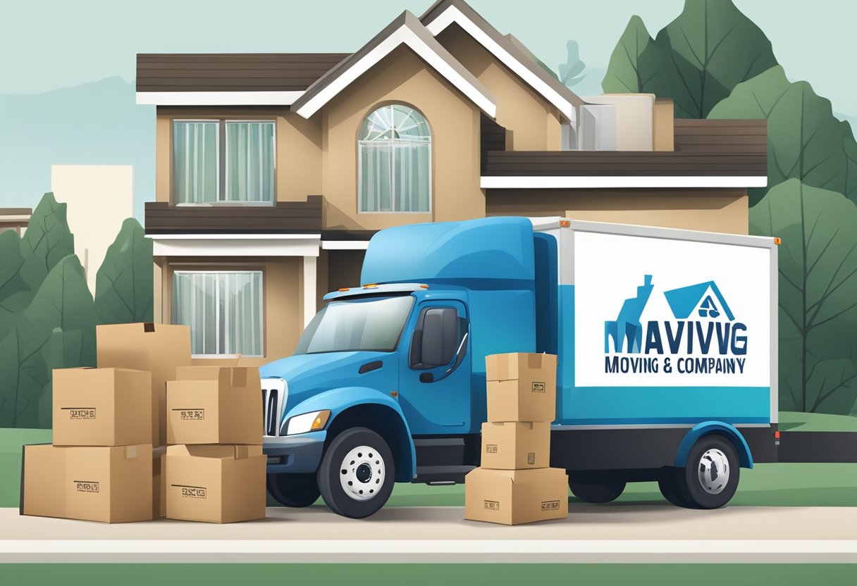 A family home with moving boxes stacked in the living room, a moving truck parked outside, and a moving company logo on the side of the truck