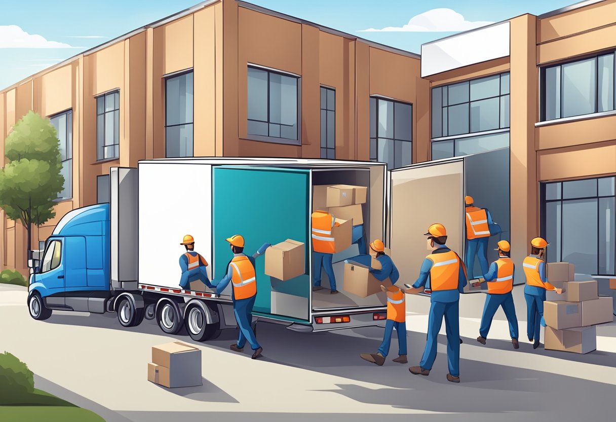 A team of professional movers carefully loads and transports office equipment and furniture into a large commercial moving truck