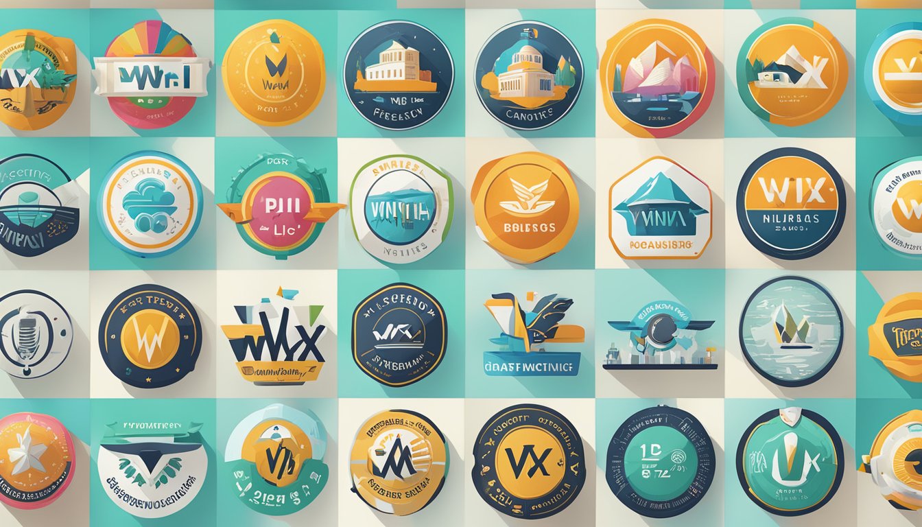 Et levende og mangfoldig utvalg av logoer og merkevarematerialer for ulike bransjer vist på en Wix-nettside