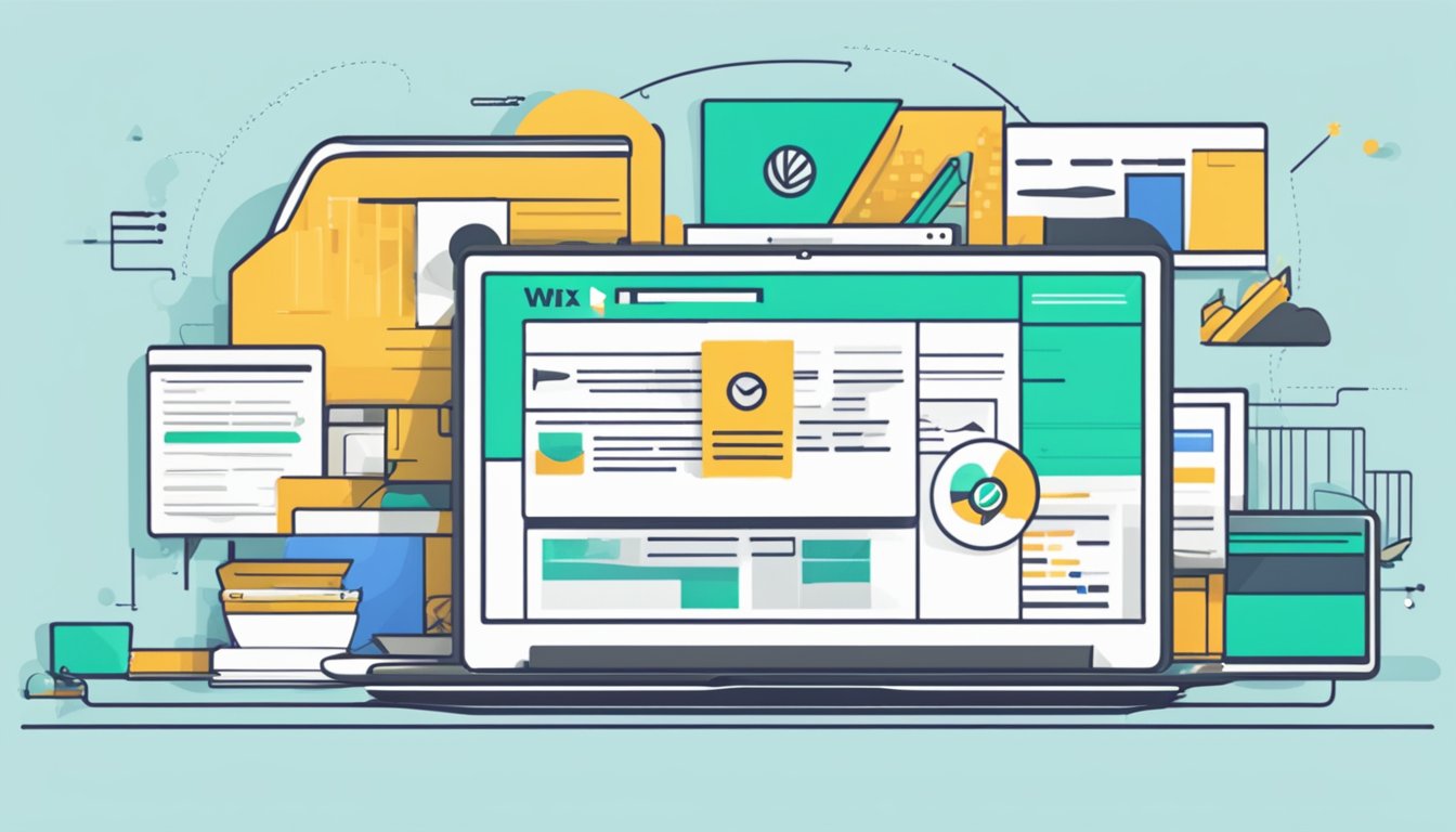 En bærbar datamaskin som viser en Wix-nettside med en sterk visuell identitet og merkevareelementer, omgitt av markedsføringsmateriell og designverktøy.