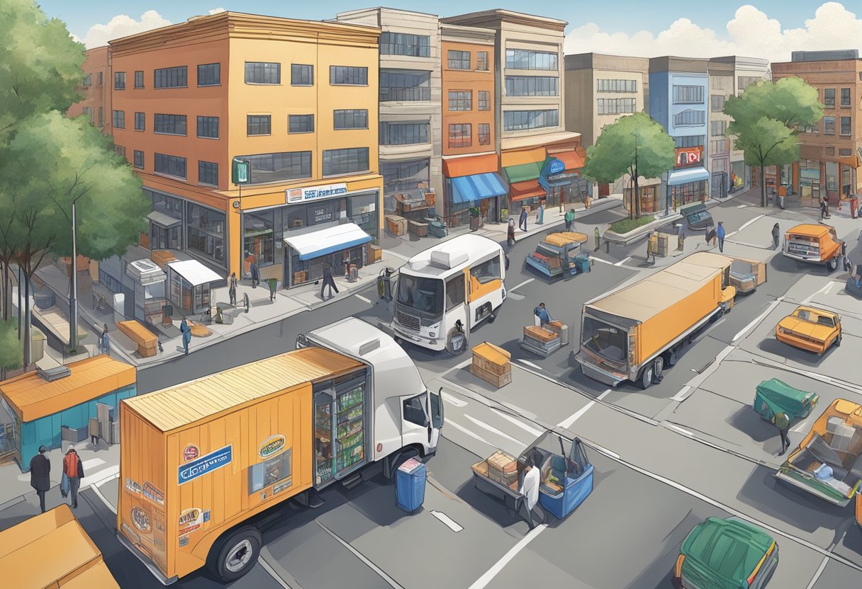 A bustling Atlanta street with modern storage facilities and moving trucks, surrounded by businesses and convenience stores