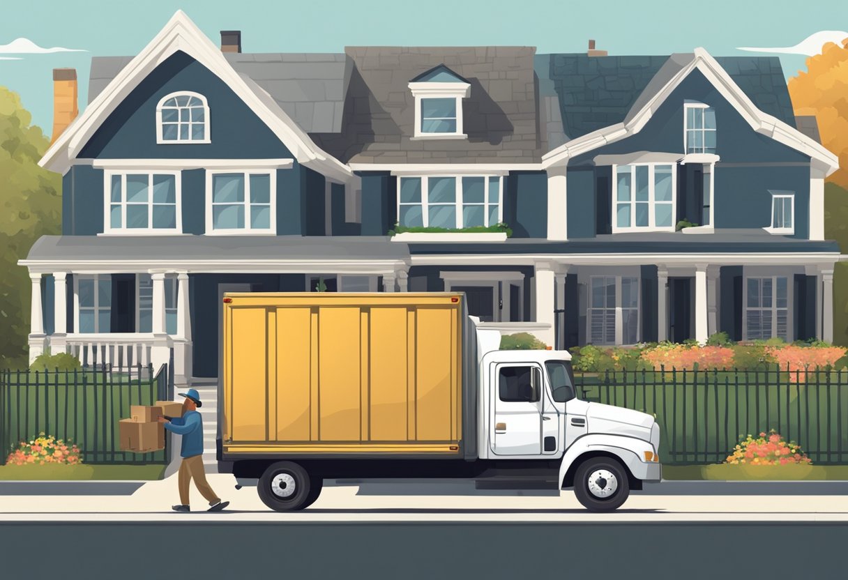 A moving truck parked in front of a house, with movers carrying boxes and furniture into the truck