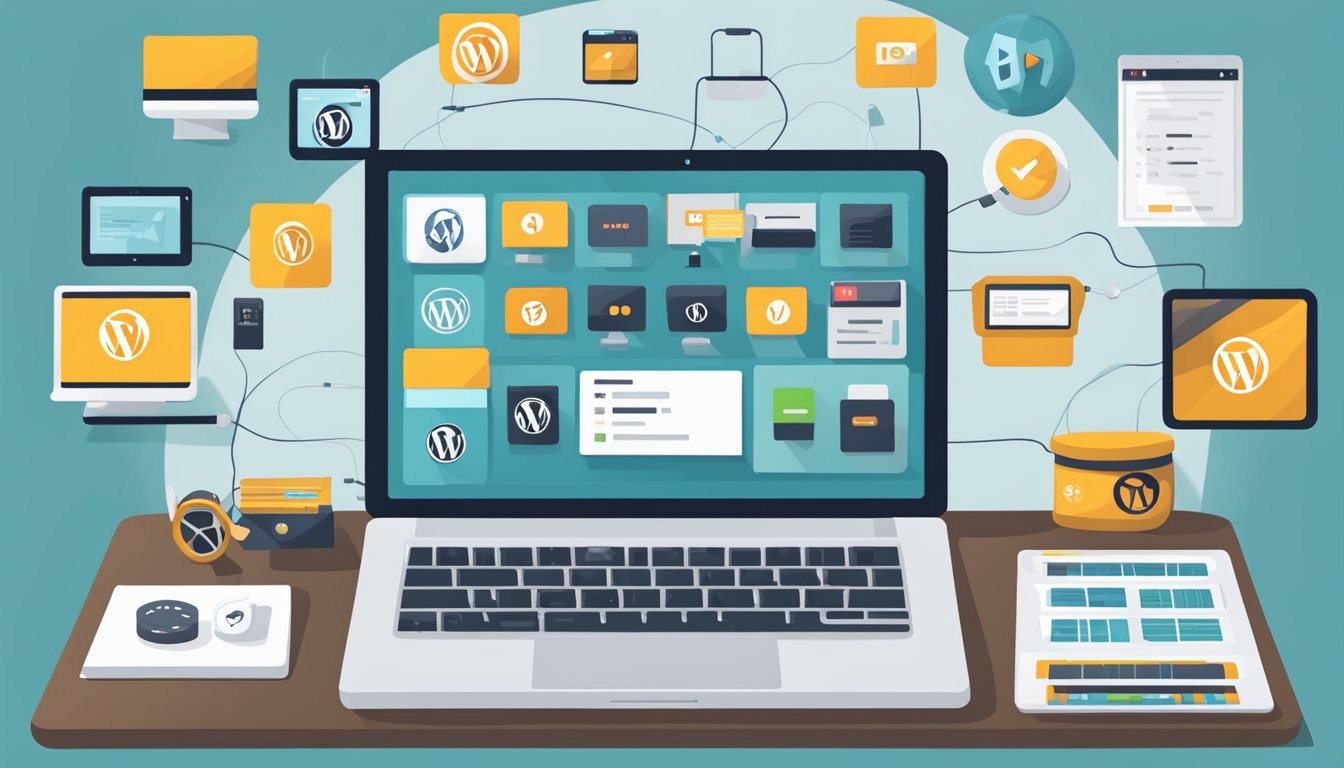 En bærbar datamaskin med et WordPress-dashbord åpent, omgitt av forskjellige plugin-ikoner og alternativer for tilpasning