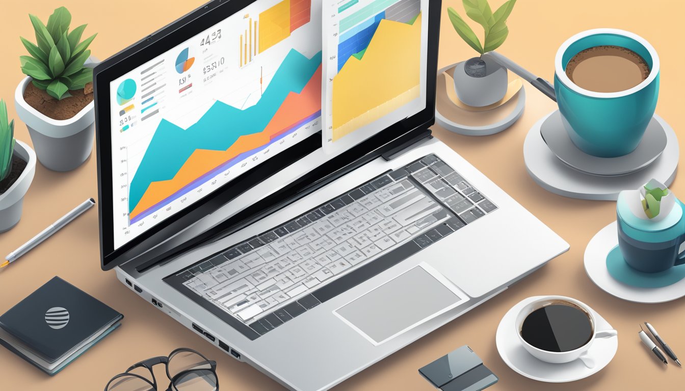 En slank bærbar datamaskin som viser et tilpasset WordPress-tema med grafer og diagrammer, omgitt av ulike teknologiske enheter og en kopp kaffe