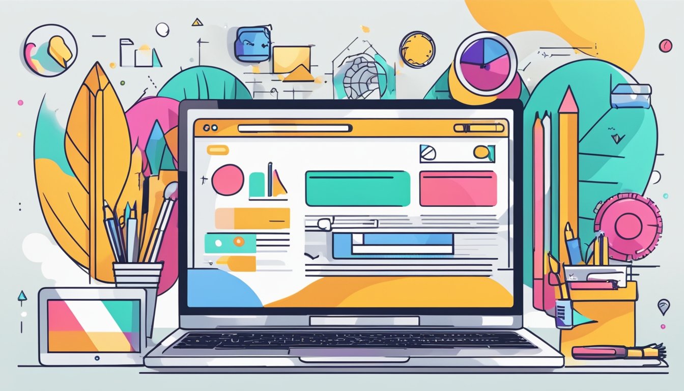 En bærbar datamaskin med et livlig og moderne nettsteddesign vist på skjermen, omgitt av kreative designelementer og verktøy