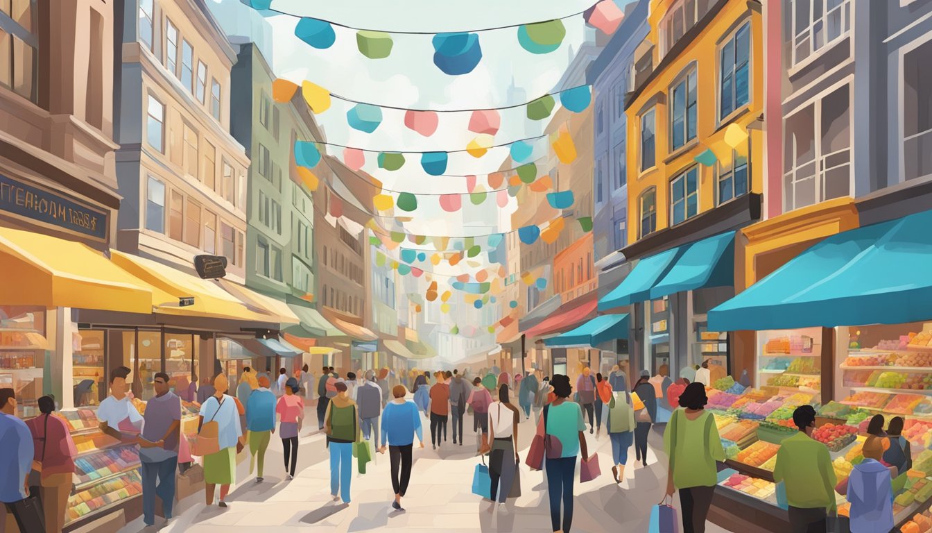 En travel markedgate med fargerike butikkvinduer og travle kunder