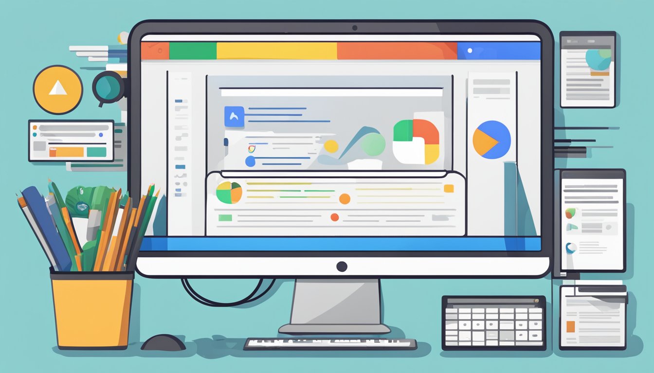 En datamaskin med en Google søkebar åpen, omgitt av markedsføringsmateriell og grafikk som fremmer effektiv annonsering Google.