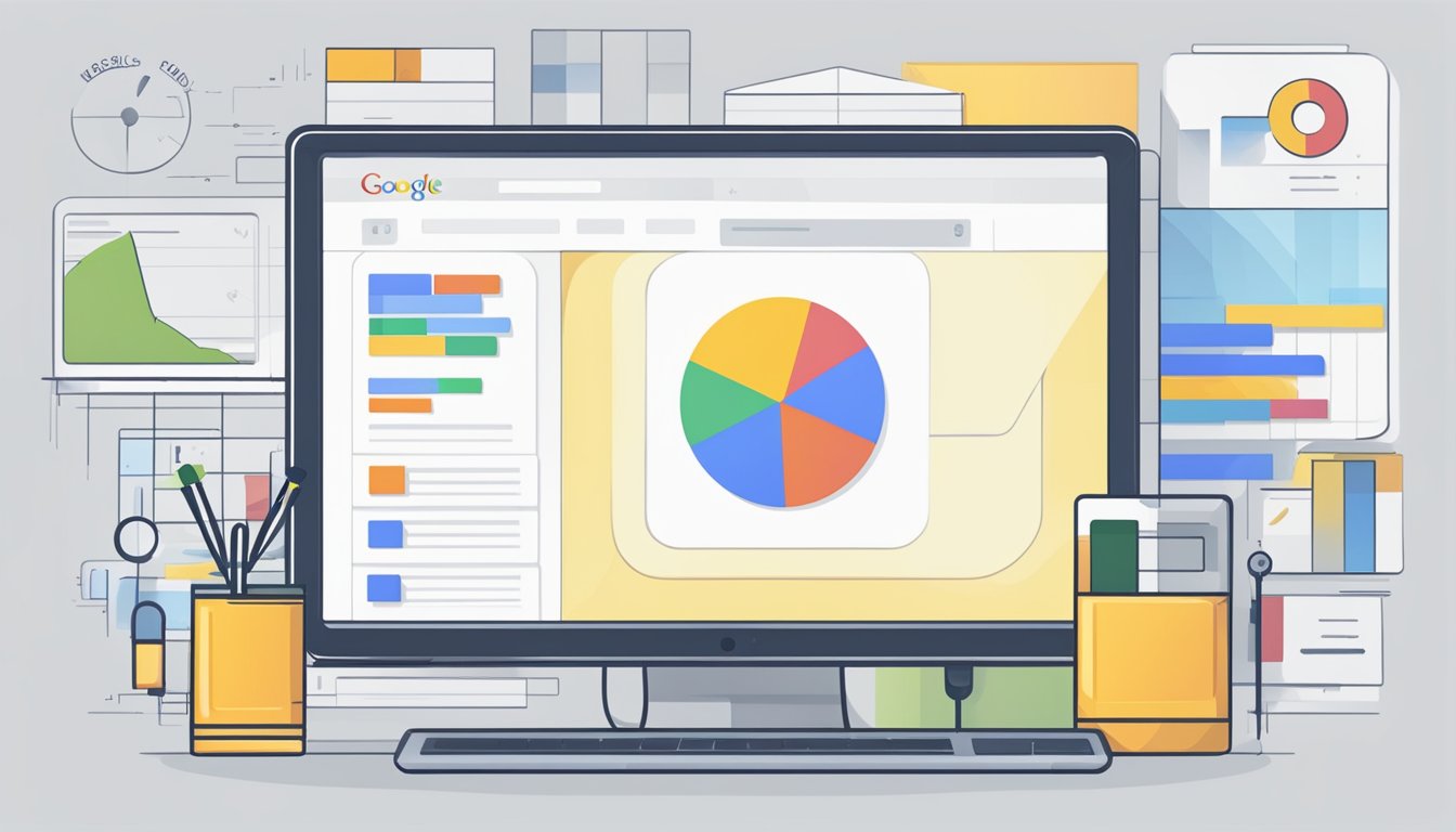 En dataskjerm med en Google søkefelt og forskjellige nøkkelord relatert til annonseringsstrategi