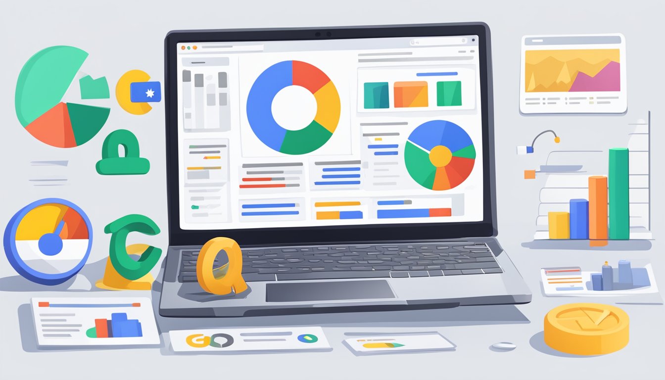 En bærbar datamaskin som viser Google Ads-grensesnittet med forskjellige annonsetekstalternativer og kvalitetsvurderingsmålinger