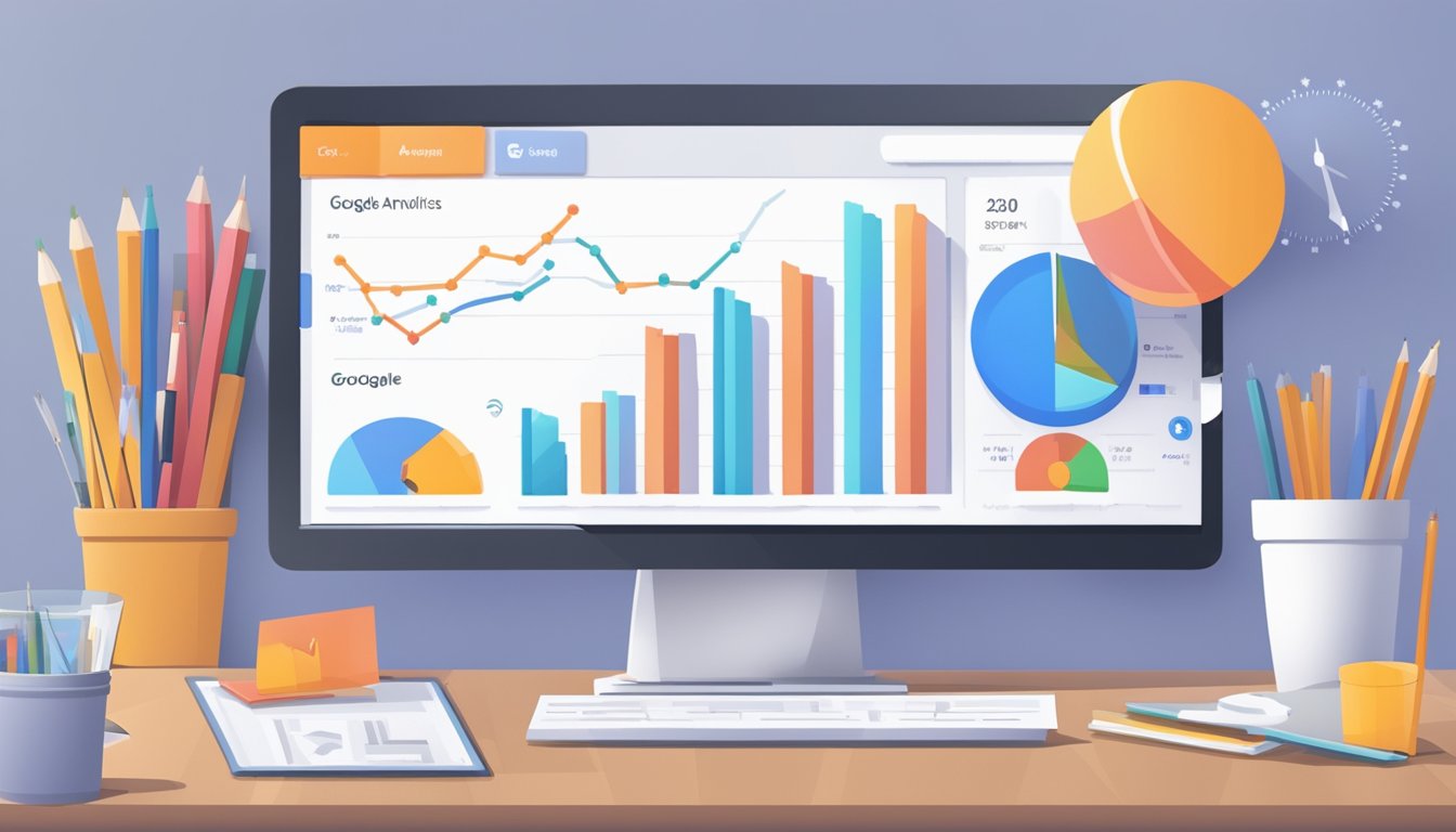 En dataskjerm som viser Google Analytics-data med en graf og ulike målinger, omringet av reklamemateriell og promoteringbilder relatert til Google