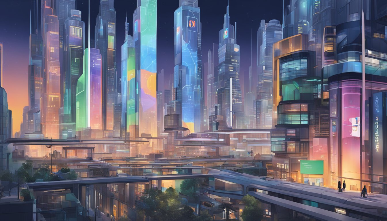 En futuristisk bylandskap med Google-reklamer projisert på bygningene