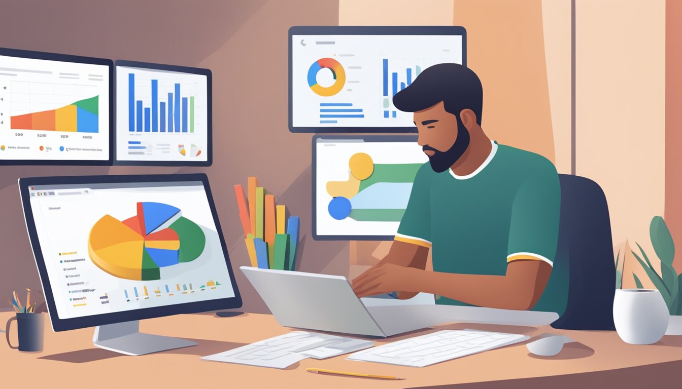 En person ved en datamaskin som lager en annonsering på google, med diagrammer og grafer på skjermen
