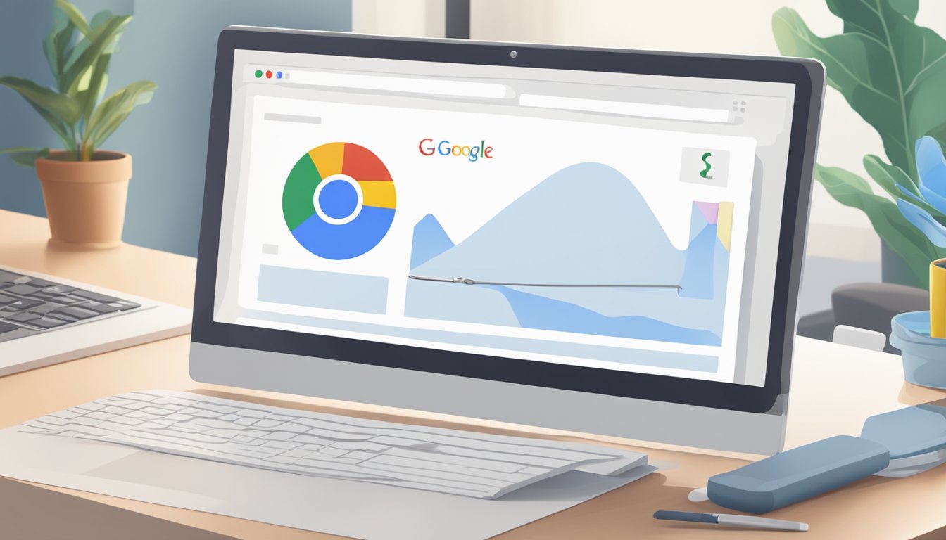 En dataskjerm som viser Google-søkeresultater for "Søkeord og SEO annonsering" med et forstørrelsesglass svevende over søkefeltet