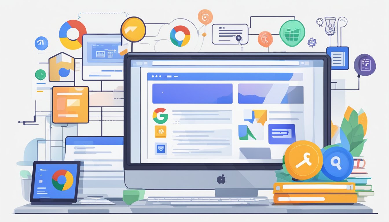 En datamaskin med en Google søkeside åpen, omgitt av budsjett- og budrelaterte ikoner og grafikk