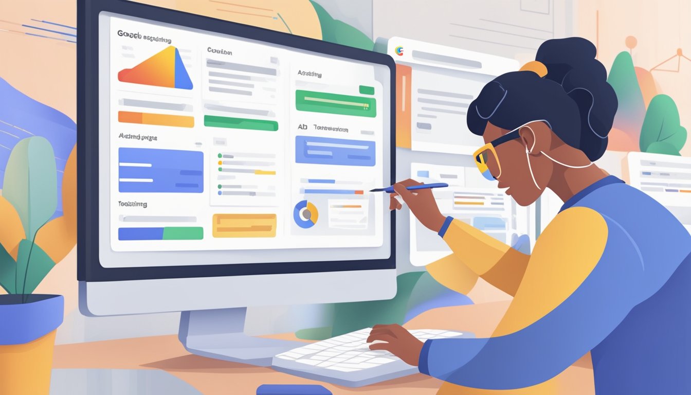 En dataskjerm som viser Google Ads-innstillinger med en person som justerer målretting og tester forskjellige annonsevarianter