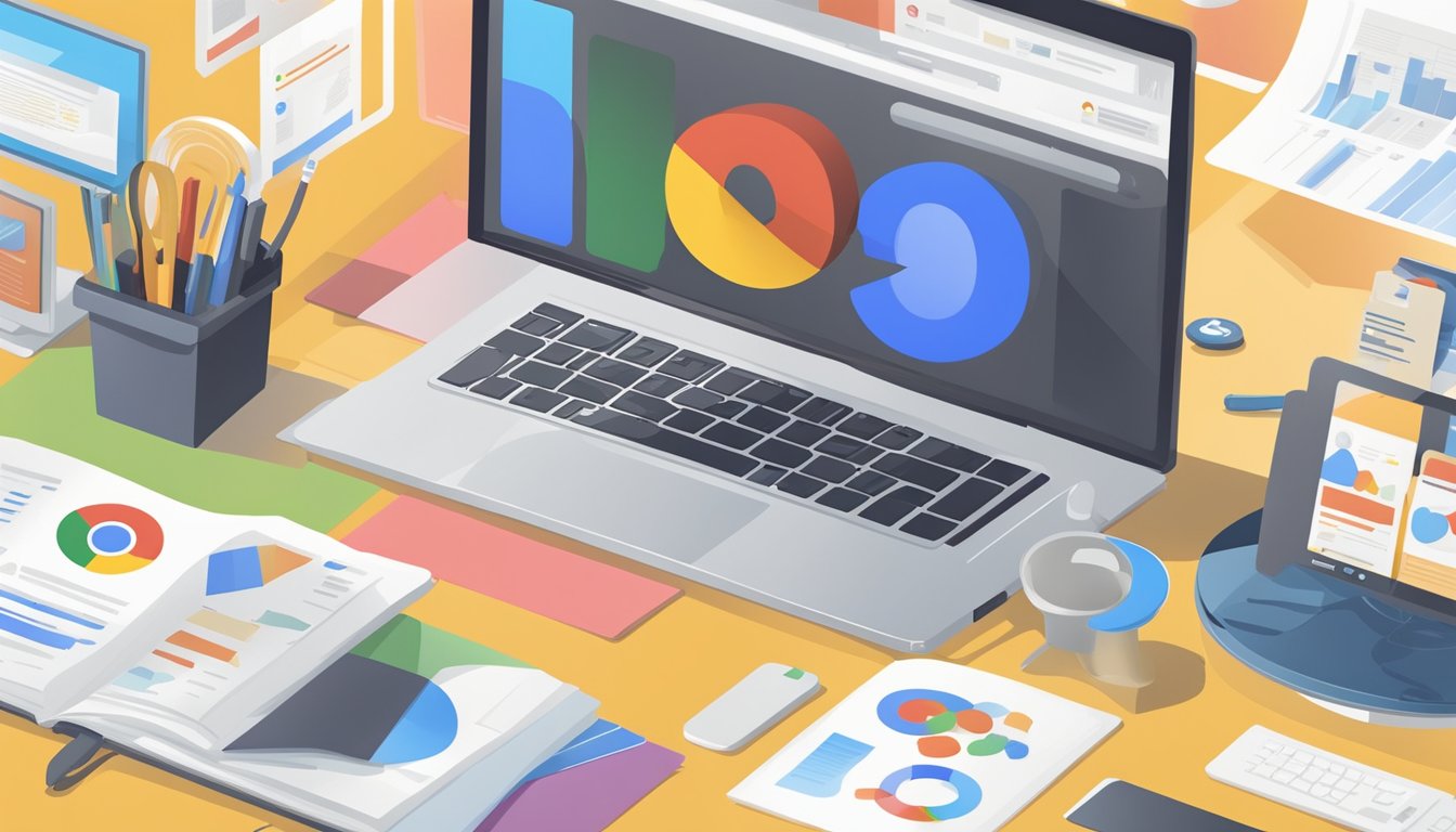 En datamaskin med en Google søkeside åpen, omgitt av ulike markedsføringsmaterialer og diagrammer