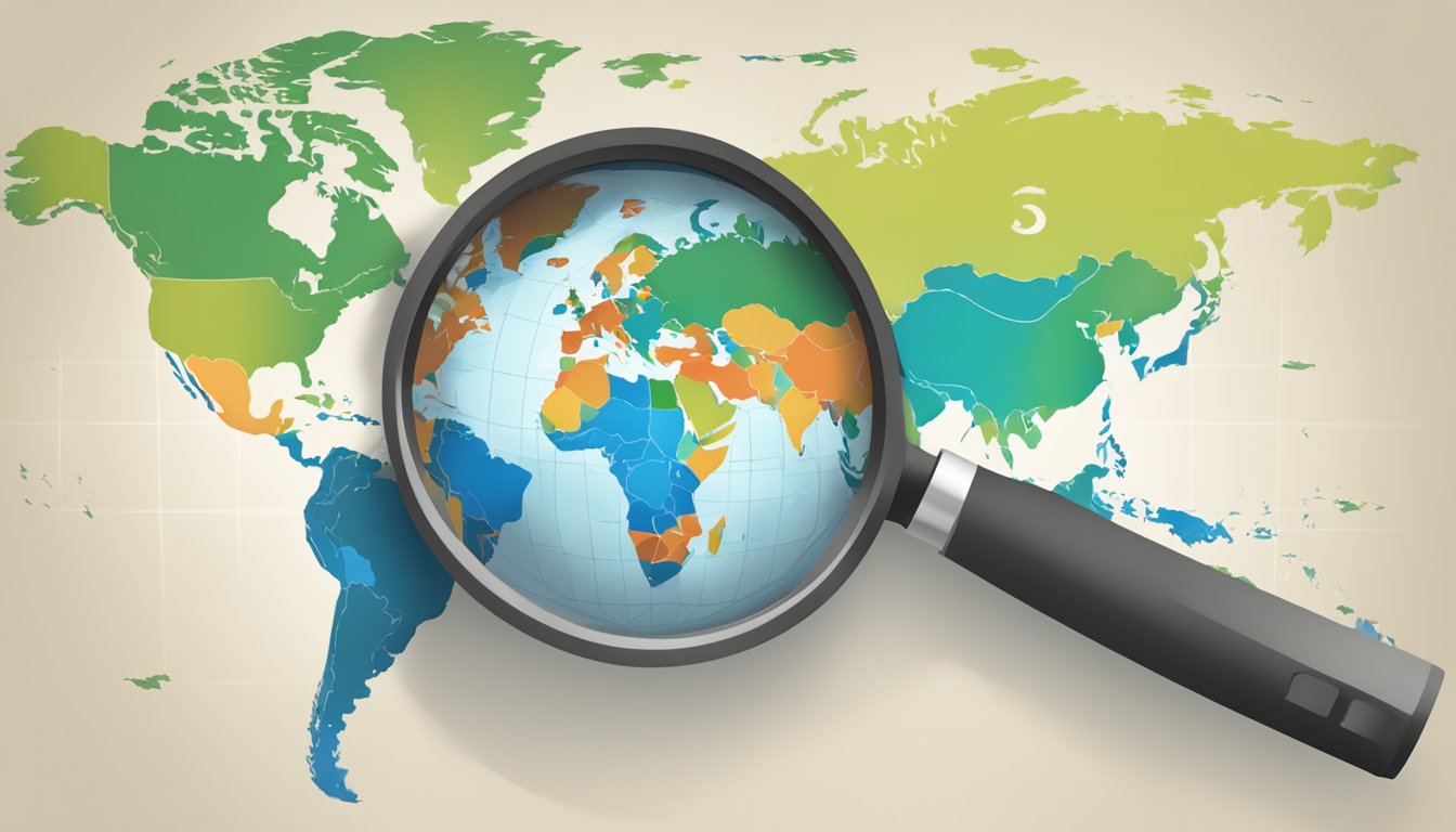 Et verdenskart med et forstørrelsesglass som fokuserer på et Google-logo
