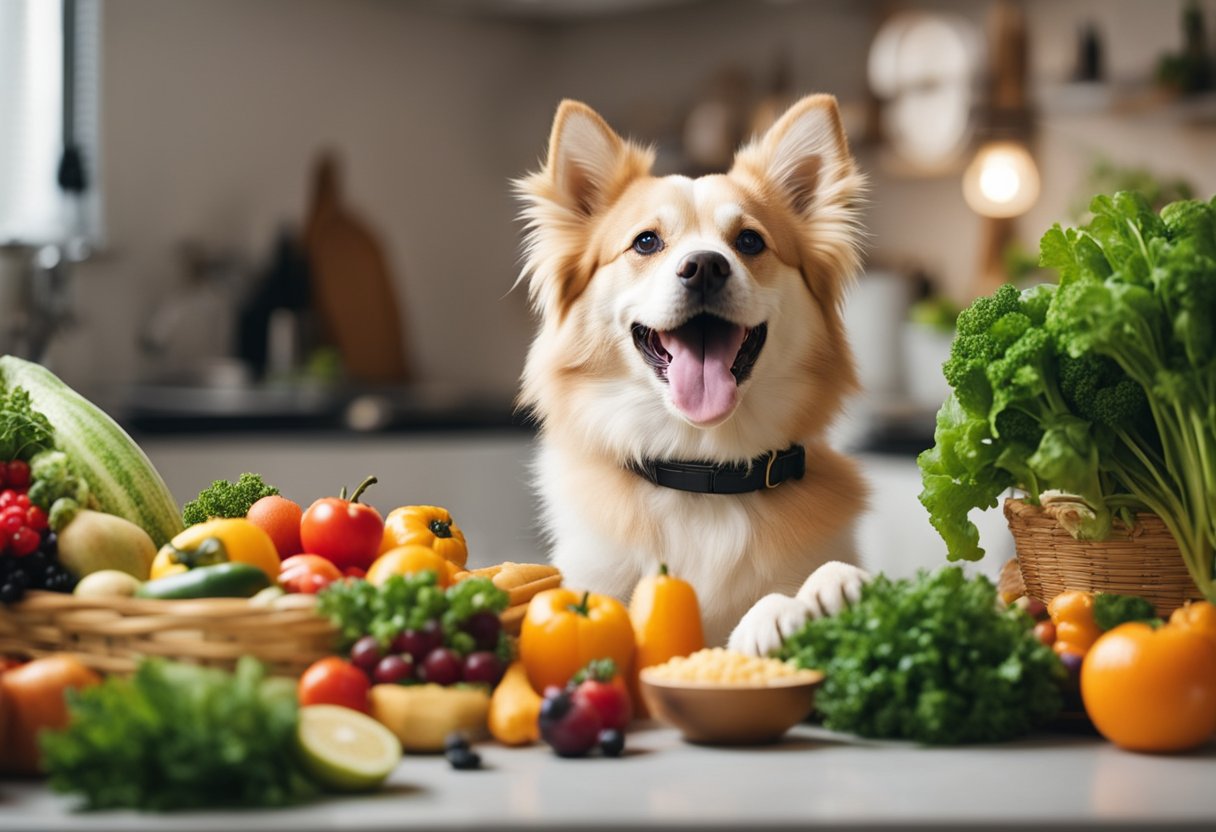 Um cachorro e um gato felizes desfrutando de uma refeição de vegetais frescos e grãos, cercados por frutas e plantas vibrantes.