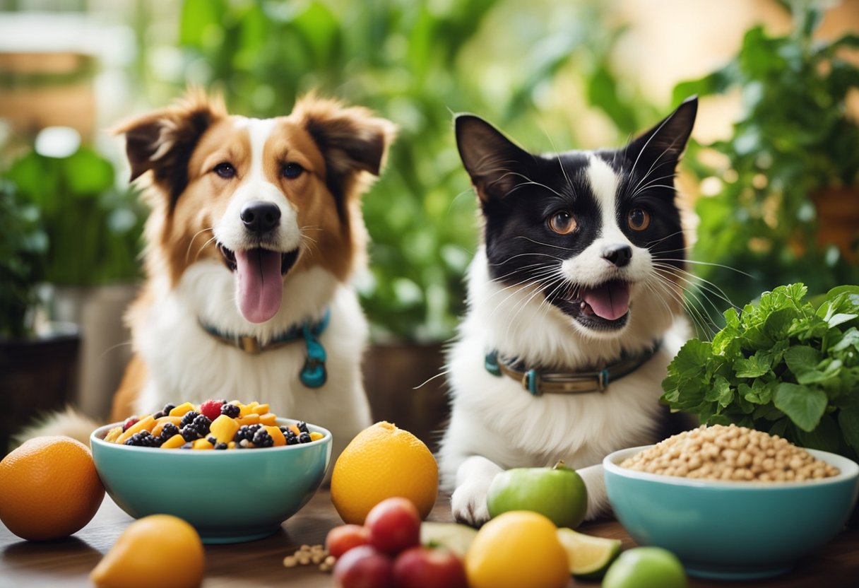 Um cachorro e um gato felizes comendo de tigelas separadas cheias de uma variedade de frutas, vegetais e grãos coloridos, cercados por plantas verdes vibrantes.