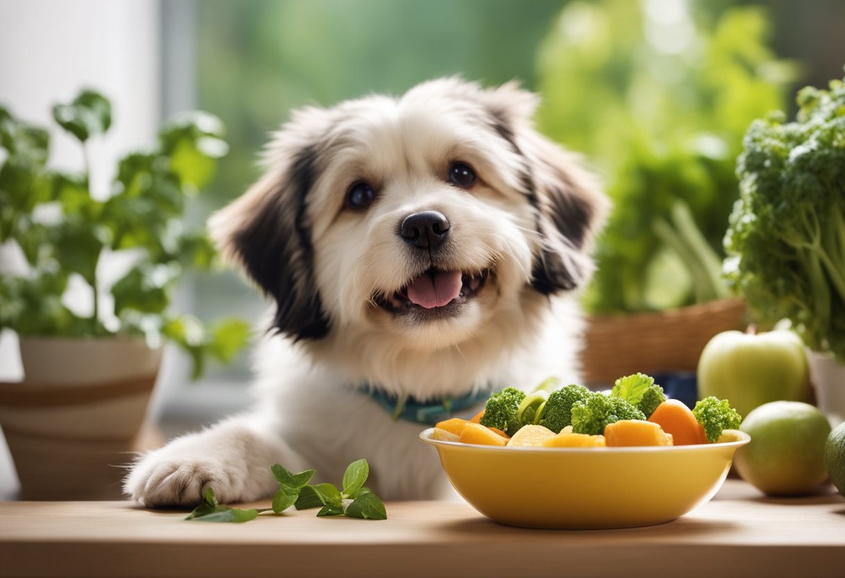 Um cachorro e um gato felizes comendo uma tigela de comida colorida à base de plantas, cercados por frutas e vegetais frescos