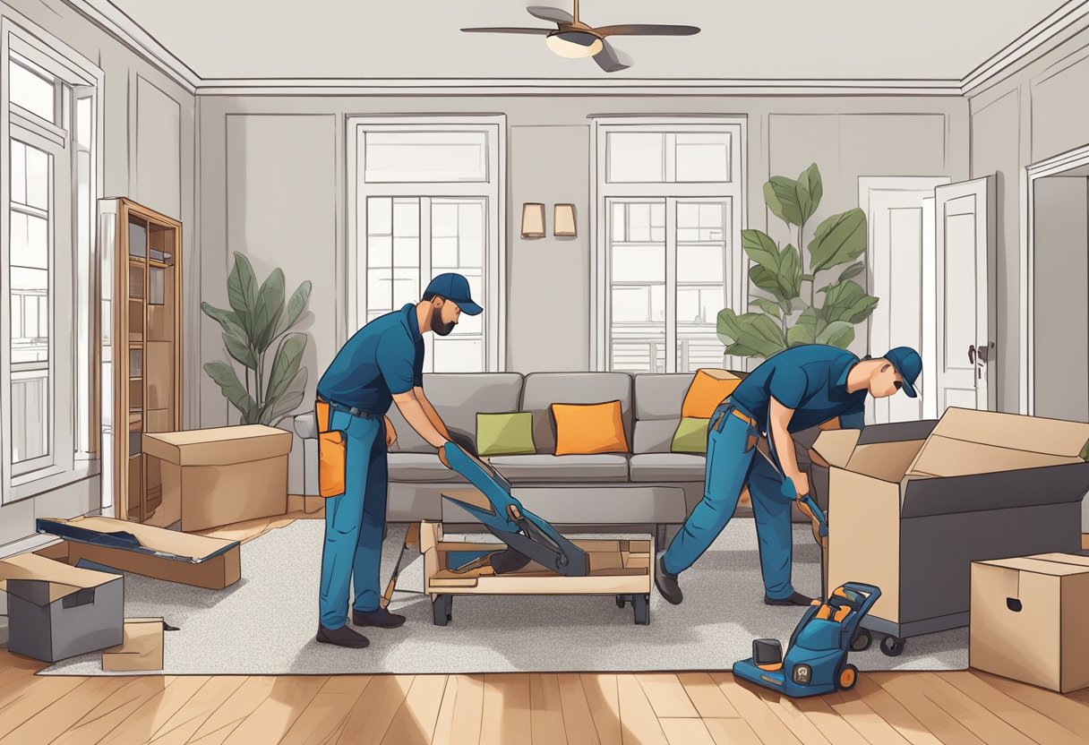 A team of movers in Atlanta, GA disassembling furniture in a spacious living room, using tools and carefully organizing the parts for easy transport