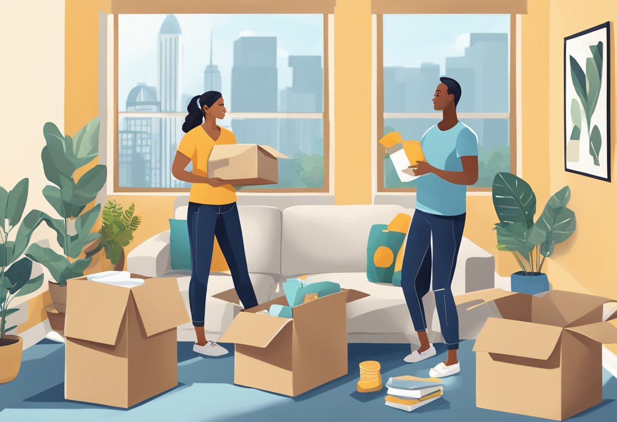 A couple unpacking boxes in a bright, spacious Atlanta apartment, organizing furniture and decor with ease