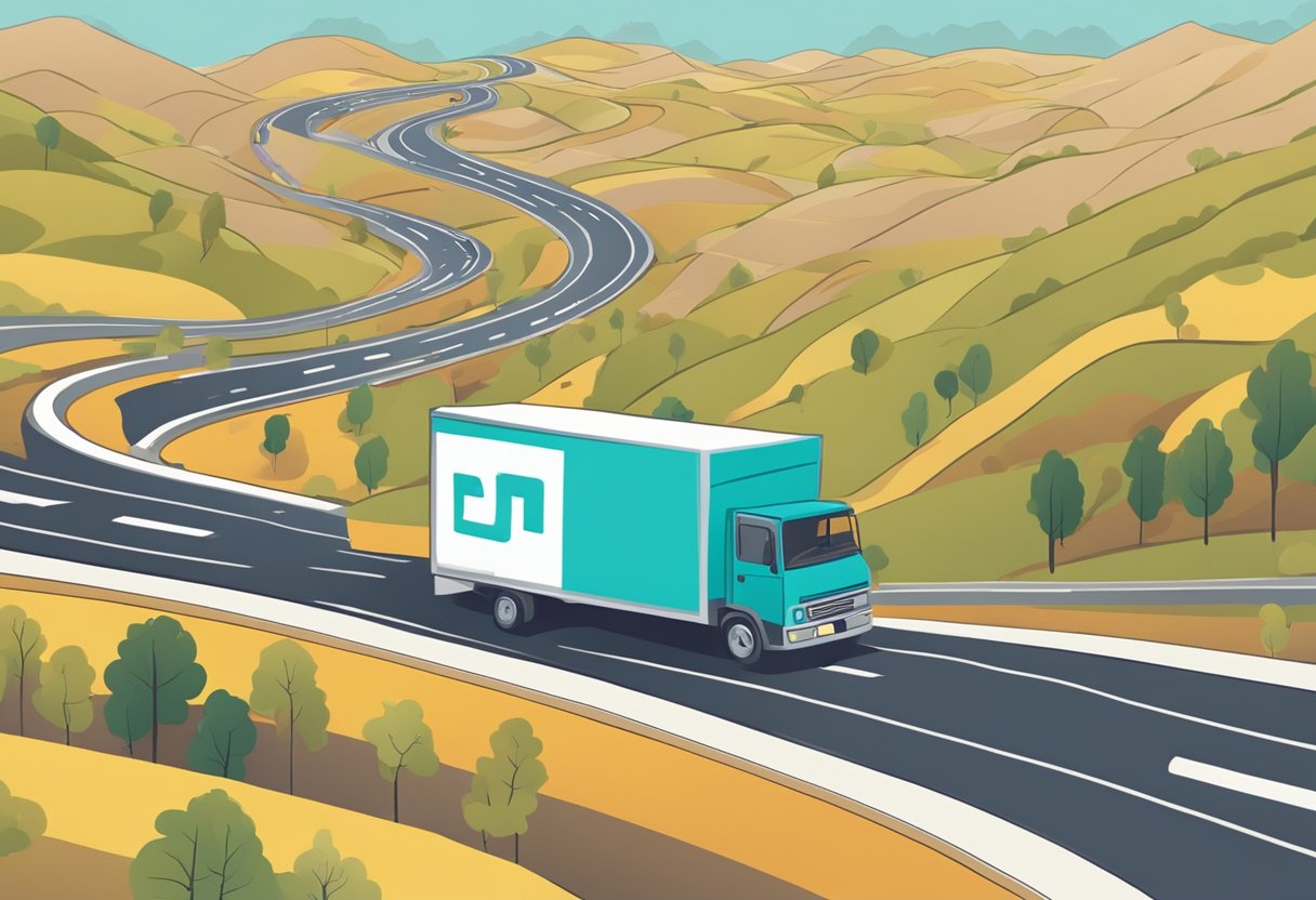 A moving truck navigating through a winding road, passing by a signpost with five common moving myths crossed out