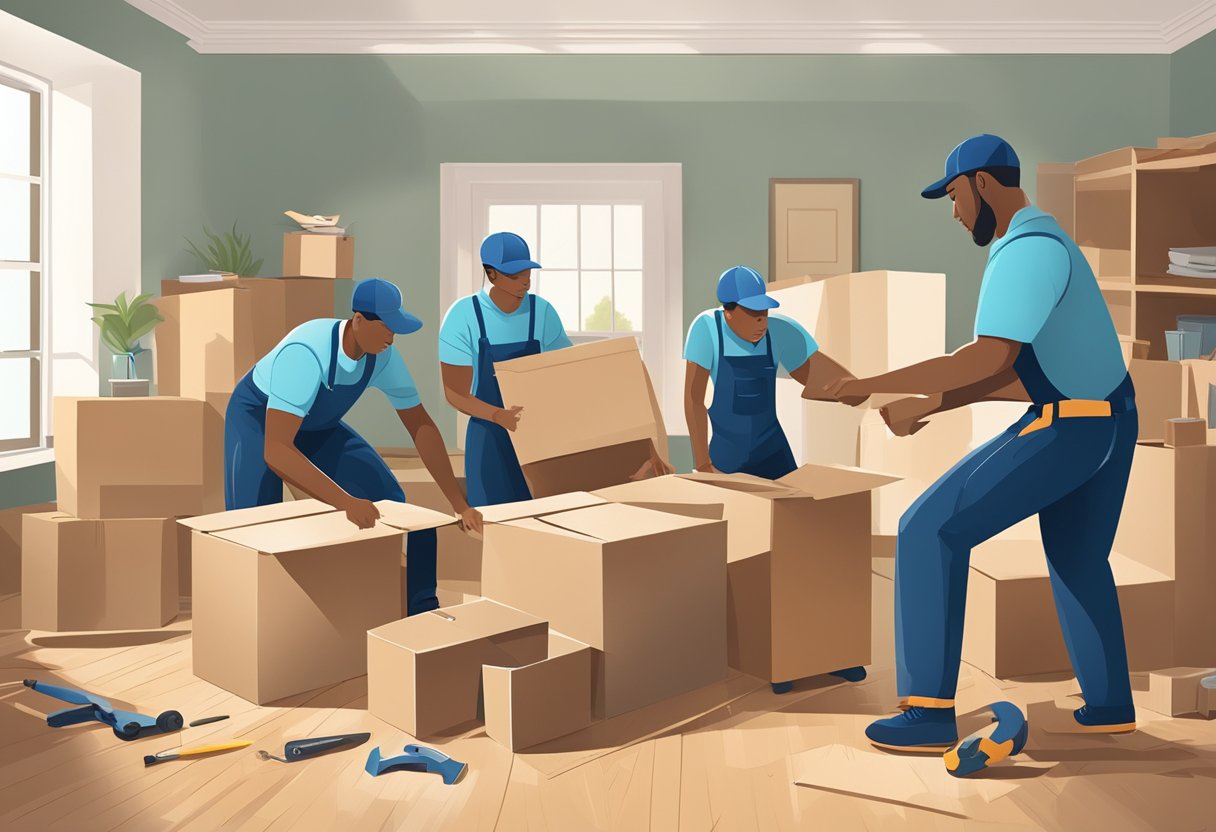 A team of movers in Atlanta, GA disassembling furniture in a spacious, well-lit room, using tools and careful precision