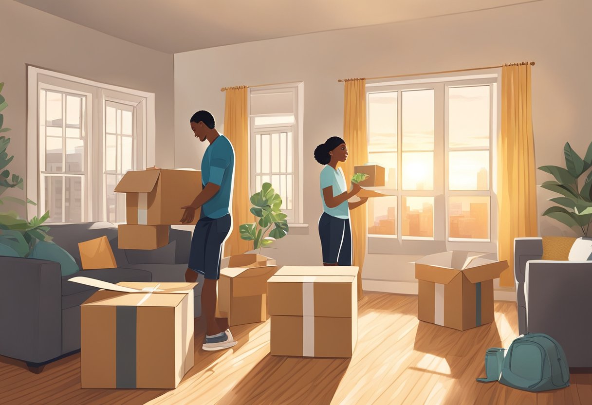 A couple unpacks boxes in their new Atlanta apartment, organizing and decorating together. The sunlight streams in through the windows, casting warm shadows on the hardwood floors