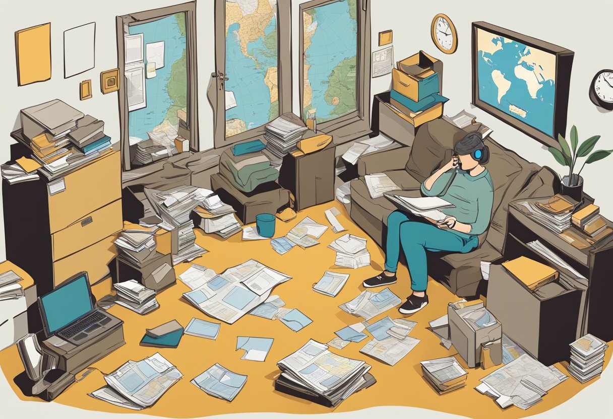 A cluttered room with boxes and furniture, a frustrated person on the phone, a broken item, a lost document, and a map with multiple destinations