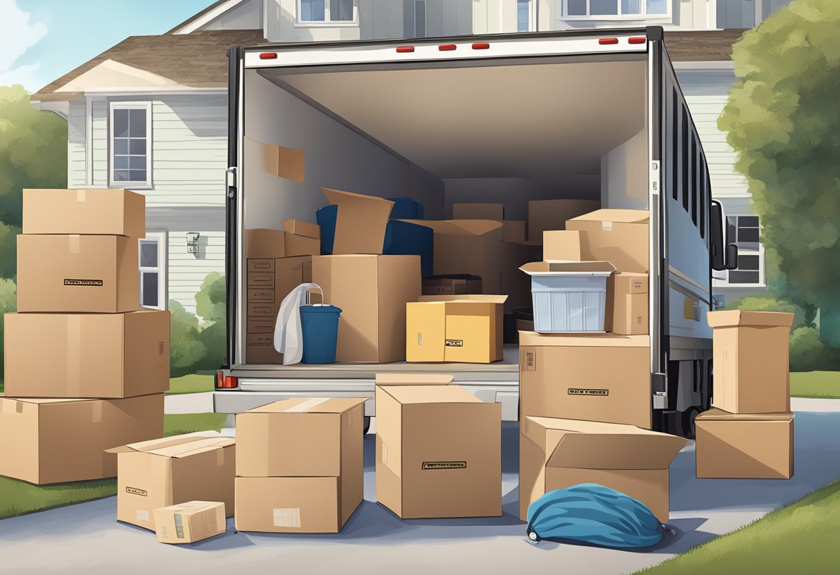 A family's belongings packed in boxes, a moving truck in the driveway, and a checklist of common moving issues with solutions