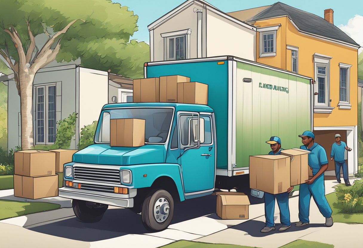 A moving truck parked outside a house, with movers carrying boxes and furniture into the truck while another group of movers loads items into a storage unit