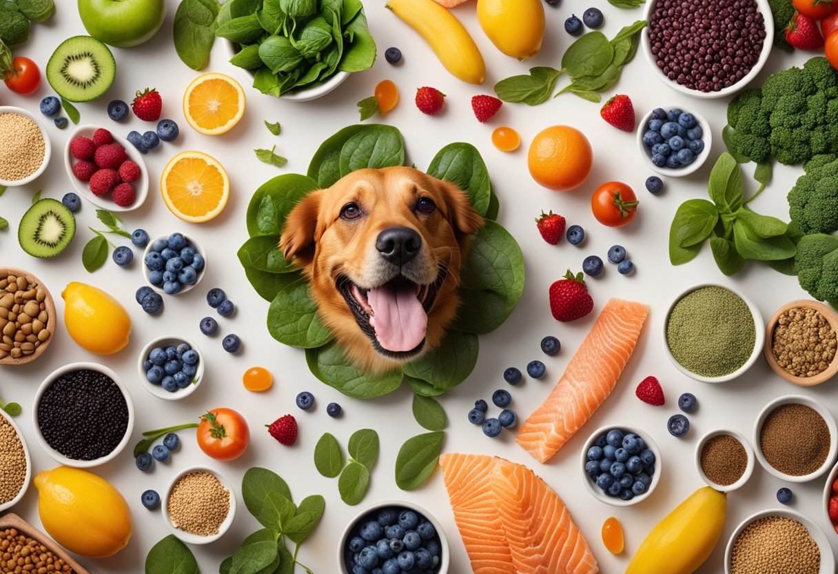 Um cachorro feliz cercado por uma variedade de superalimentos, como mirtilos, espinafre e salmão, todos dispostos em uma apresentação colorida e apetitosa.