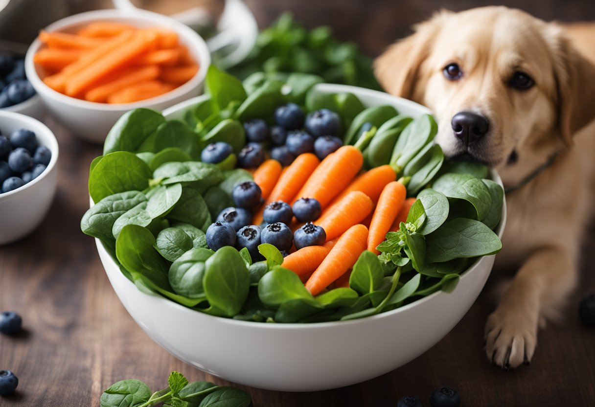 Uma tigela cheia de superalimentos coloridos, como mirtilos, espinafre e cenouras, cercada por um cachorro feliz e com aparência saudável, esperando ansiosamente para se deliciar.