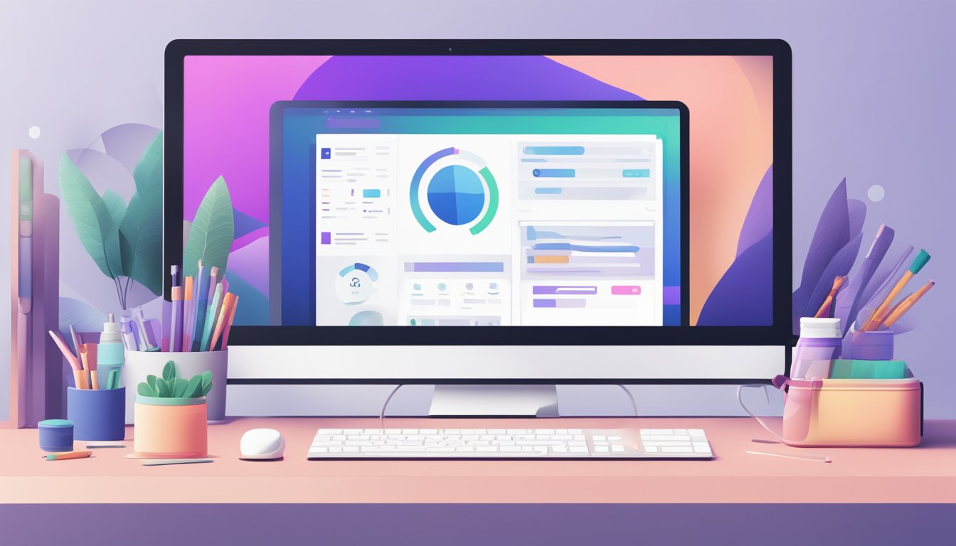 En dataskjerm som viser Elementorpro grensesnittet med CSS-tilpasningsalternativer åpne, omgitt av designverktøy og en stilisert nettsidemockup