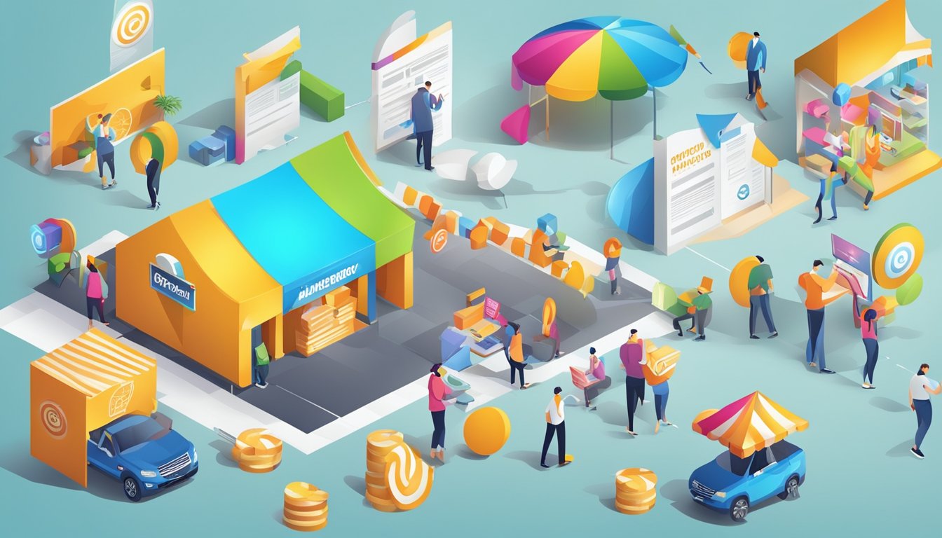 Et fargerikt utvalg av pop-up bygger og markedsføringselementer arrangert i en dynamisk og engasjerende komposisjon