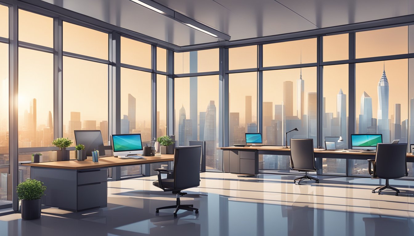 Et moderne kontorlokale med stilige møbler og store vinduer som ser ut over en bysilhuett