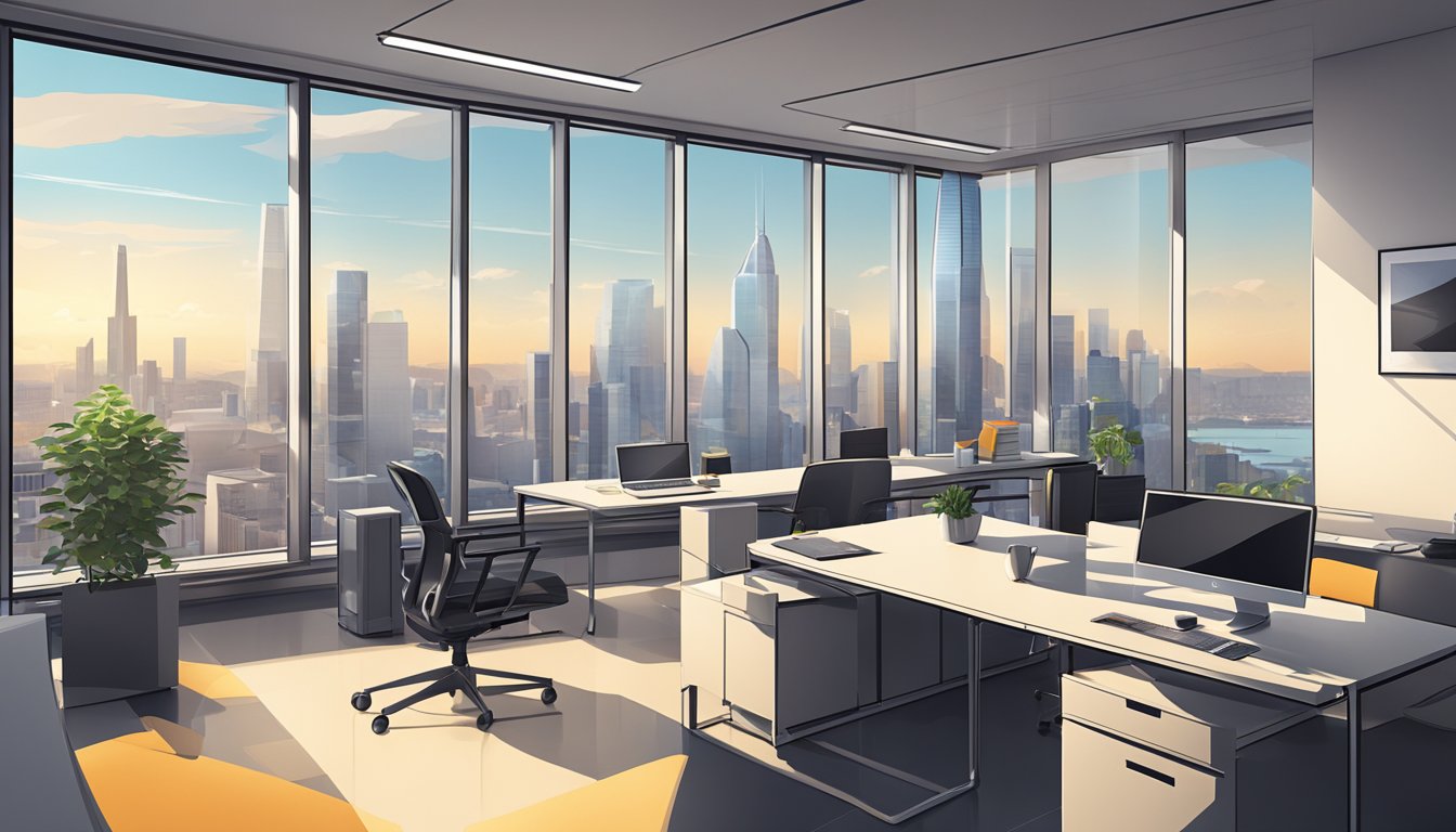 Et moderne kontorlandskap med stilige møbler og minimalistisk dekor, med store vinduer og utsikt over byens skyline